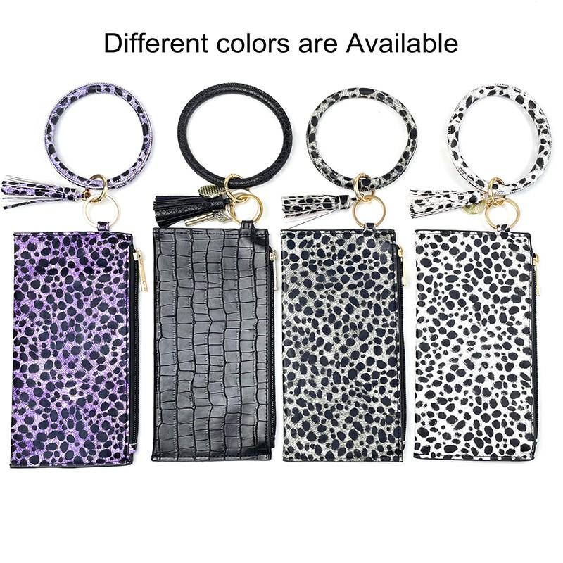 TENCHEN Hot Selling Customized Logo Leopard Bracelet Wristlet Wallet Key Chain Pocket Card Holder Fringed Wrist Bangle ID Card Holder phone bag with Tassel Multi Colors Accessories
