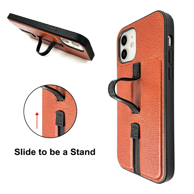 Customize Luxury Genuine Leather Phone Case Shockproof Phone Cover With Finger Grip Band Loop Stretch Holder -TenChen Tech
