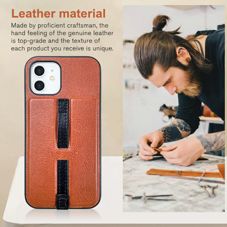 Customize Luxury Genuine Leather Phone Case Shockproof Phone Cover With Finger Grip Band Loop Stretch Holder -TenChen Tech