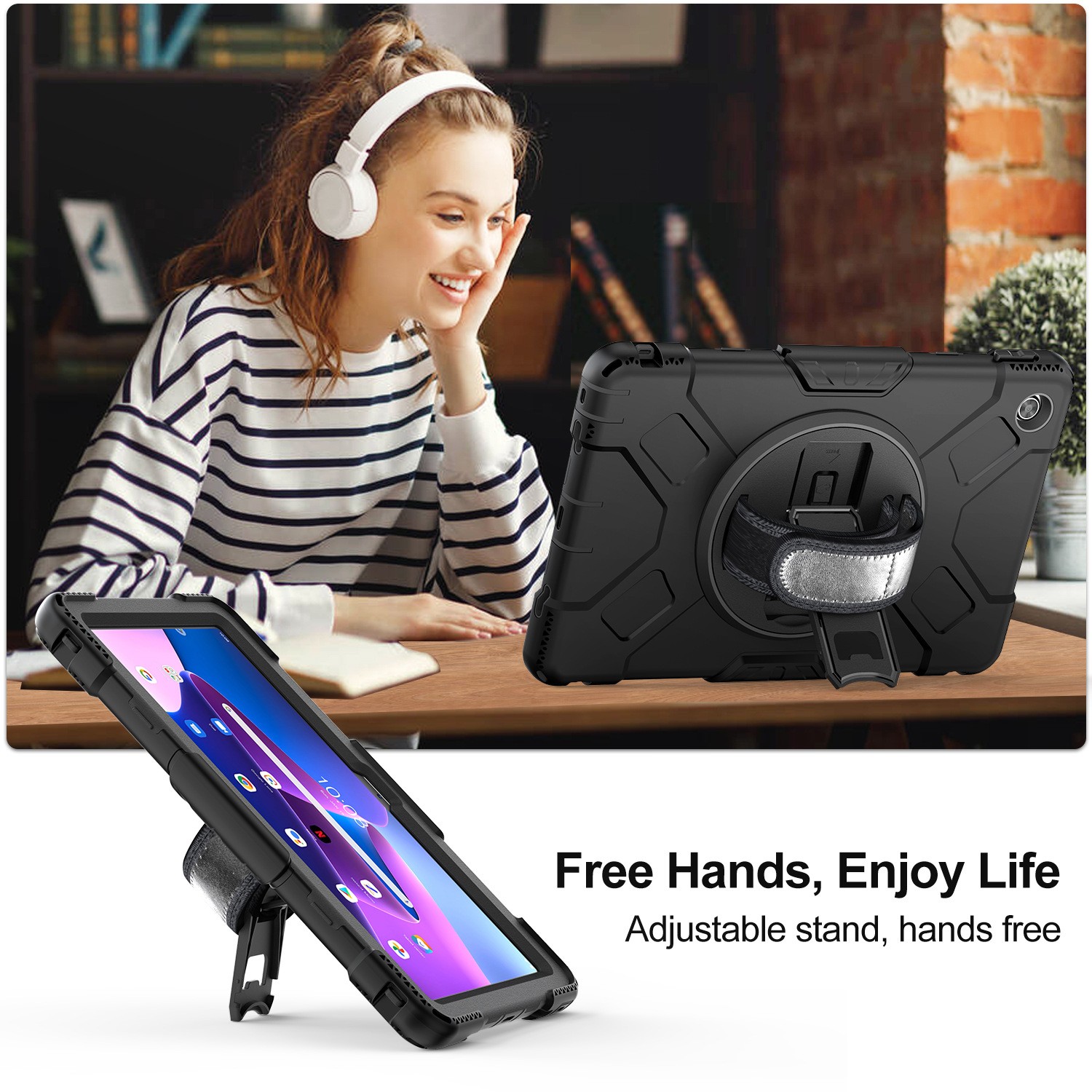 product-Lenovo Tab m10 8 Case Silicone Tablet Cover 360 Rotation Handed Grip Strap Holder Shockproof