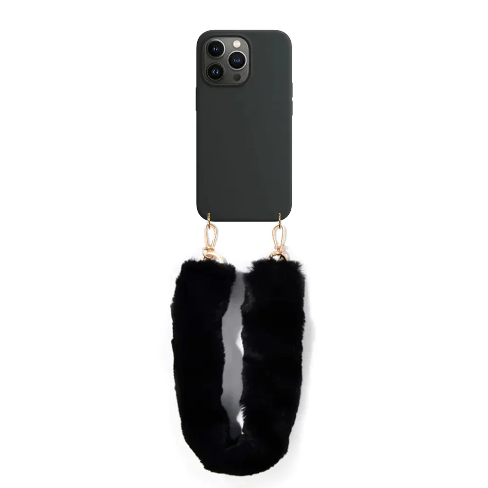 IPhone 14 Plus Pro Max Crossbody Case Custom Logo Silicone Phone Case Winter Warm Plush Strap Lanyard Handykette | TenChen Tech