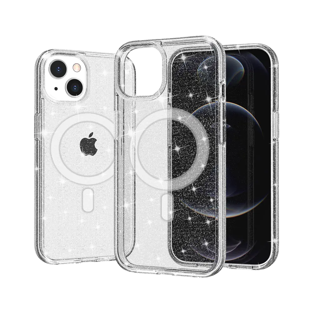 Clear Glitter Magnetic Iphone 12 13 14 Pro Max Case Sparkly Shiny Bling Shockproof Protective Wireless Charging Magsafe Phone Case | Tenchen Tech